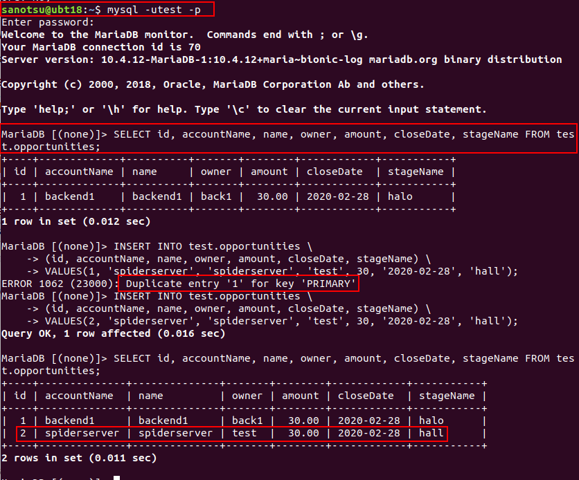在 spider server 中查詢該表已有數據,並再插入一條數據